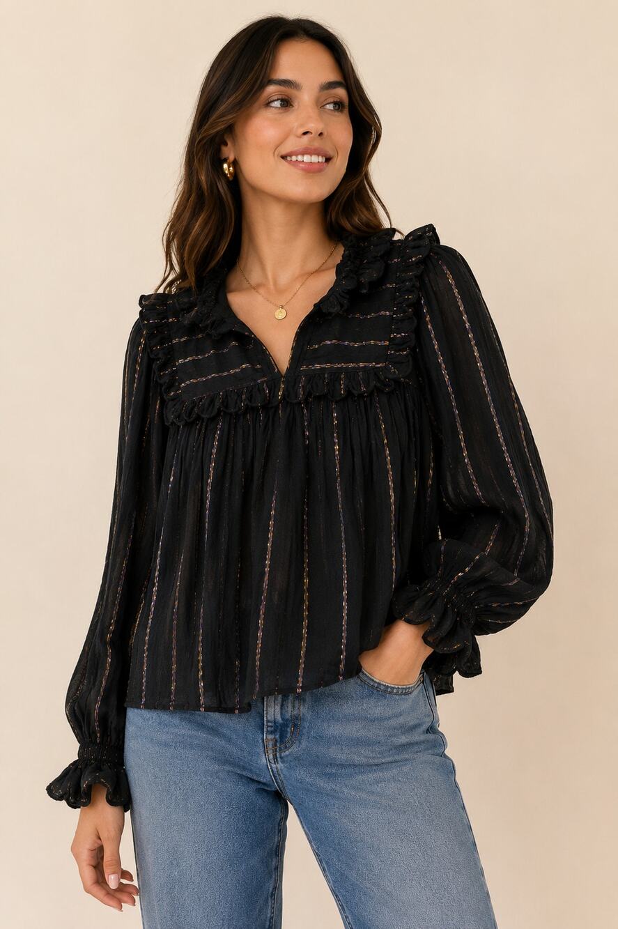 Farm Rio Black Mettalic Ruffle Blouse Gold Thread Balloon Sleeve Top